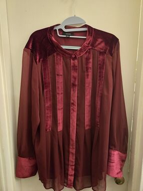 Alfani Women's Burgundy Sheer Blouse Jacket with Velvet Trim